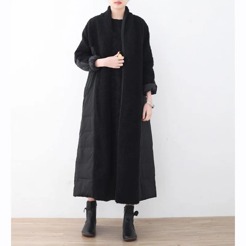 Casual black Parka Loose fitting V neck patchwork Parka thick pockets coats