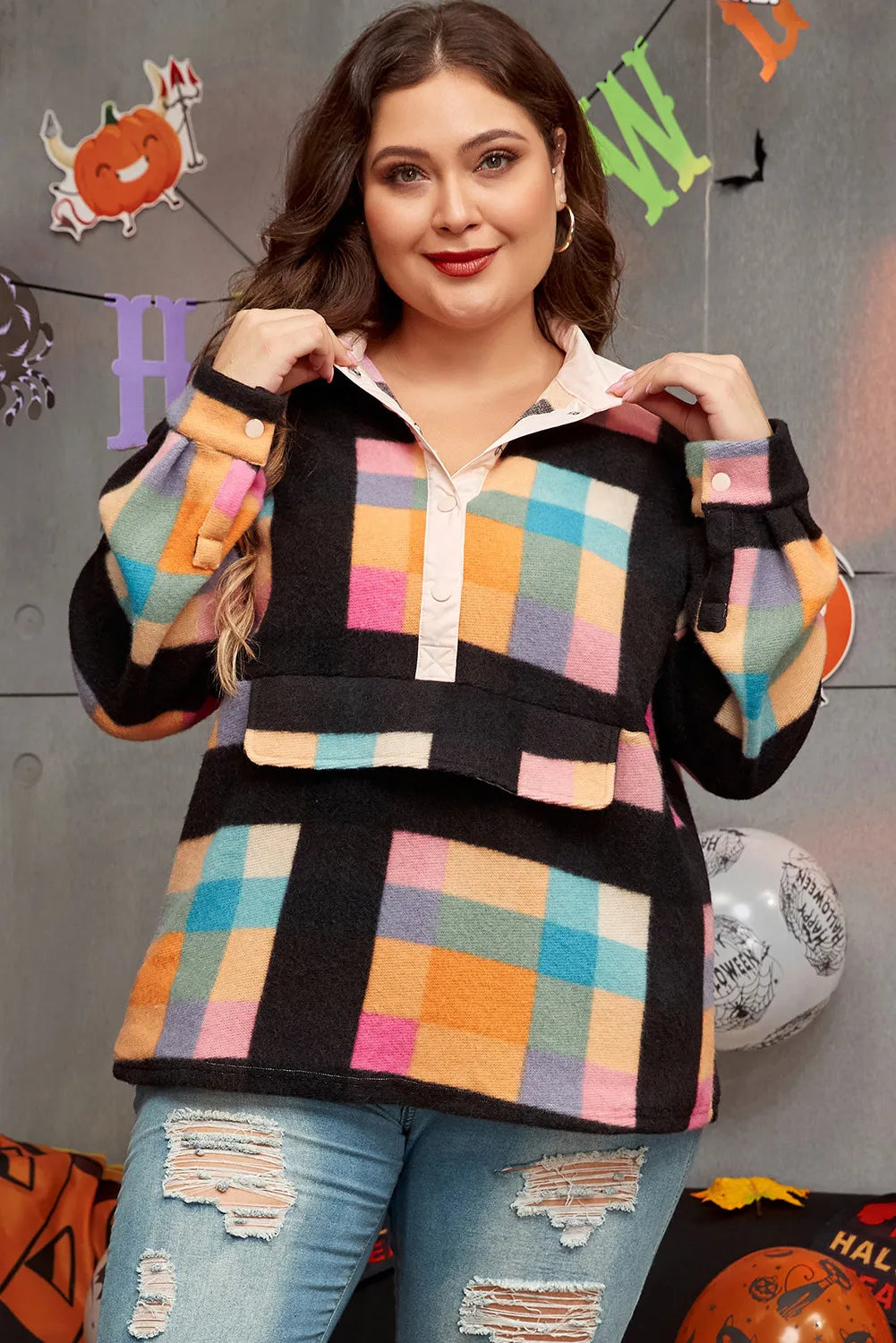 Plus Size Color Block Half Snap Long Sleeve Sweatshirt