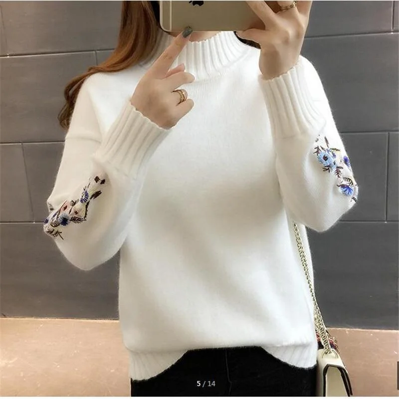 Floral Sleeves Turtleneck Women Sweater