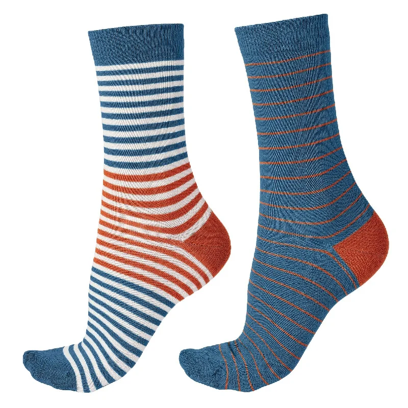 Pretty Polly Bamboo Knit Teal Stripe Socks - 2 Pair Pack